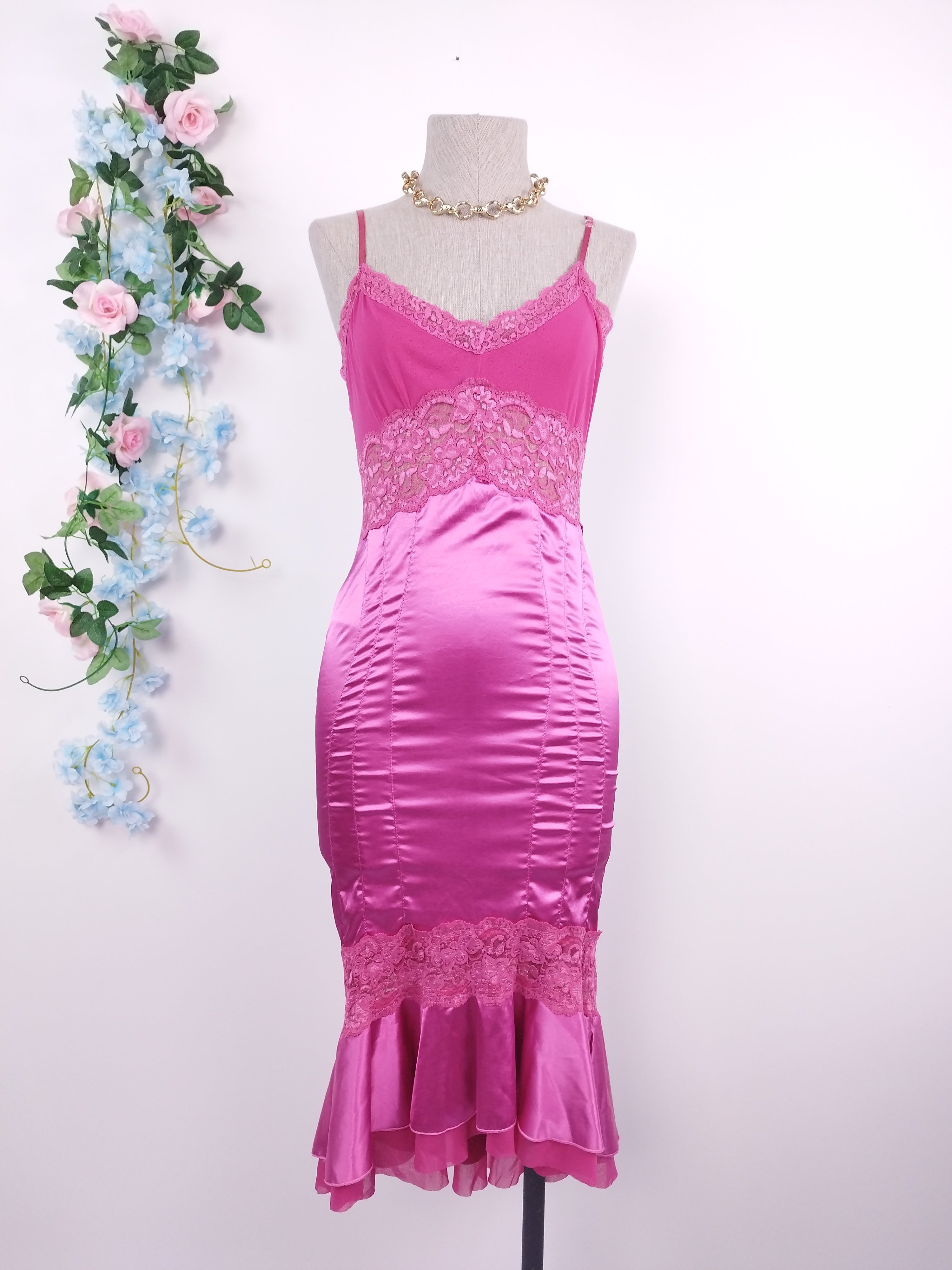 Vintage 2000s Slip Dress — Tulle Bust, Fuchsia Satin Skirt & Lace Trim