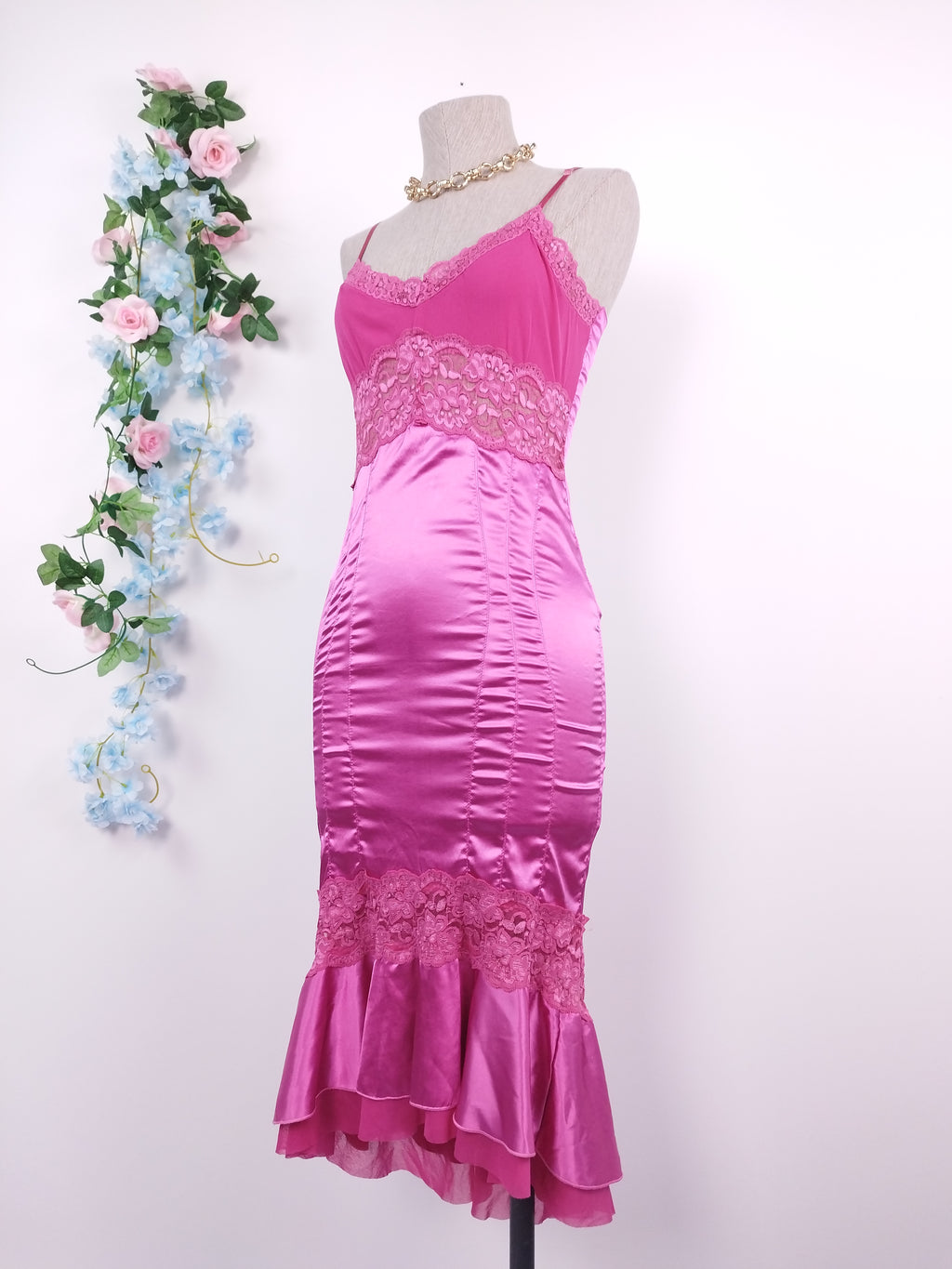 Vintage 2000s Slip Dress — Tulle Bust, Fuchsia Satin Skirt & Lace Trim