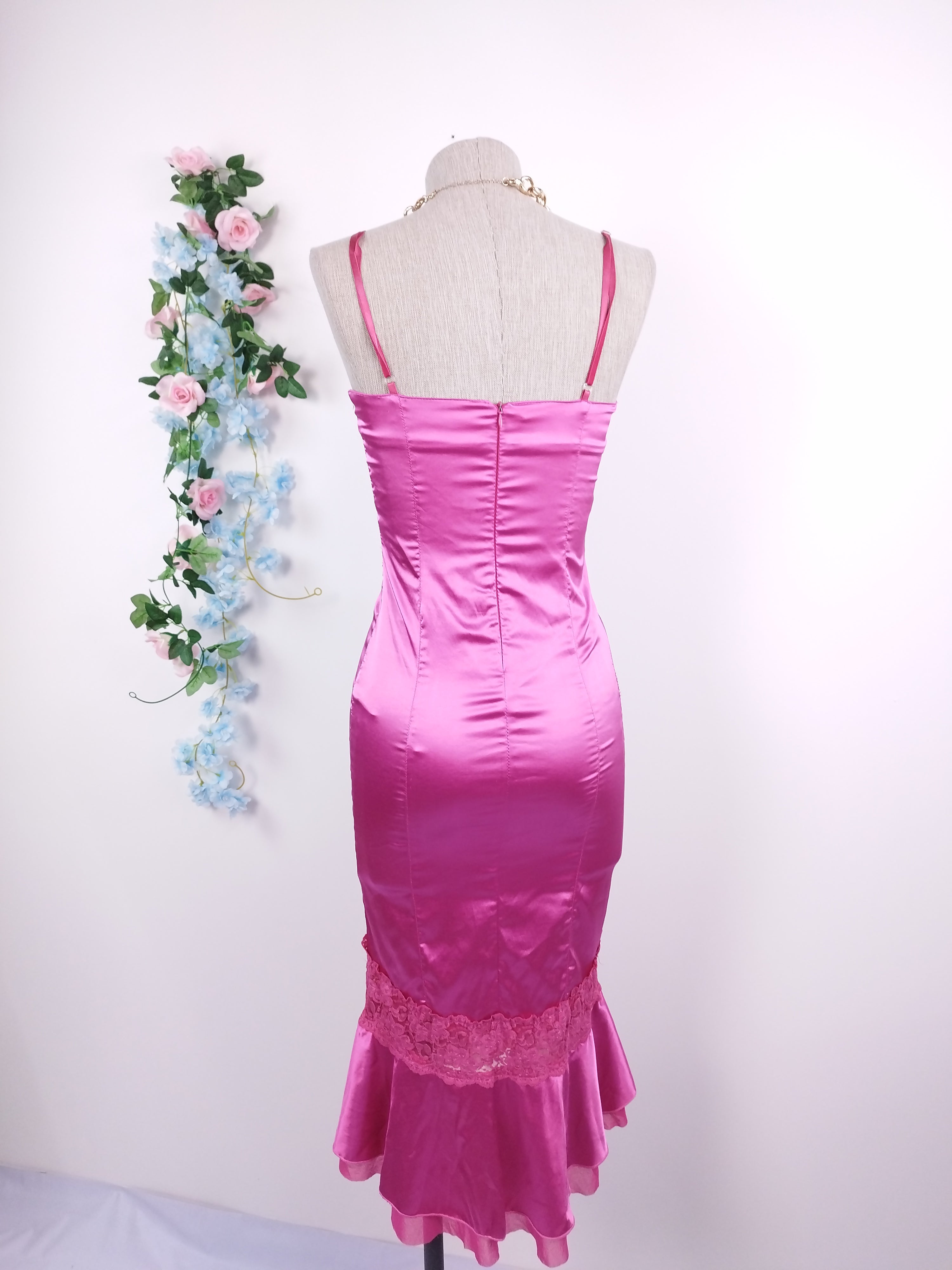 Vintage 2000s Slip Dress — Tulle Bust, Fuchsia Satin Skirt & Lace Trim
