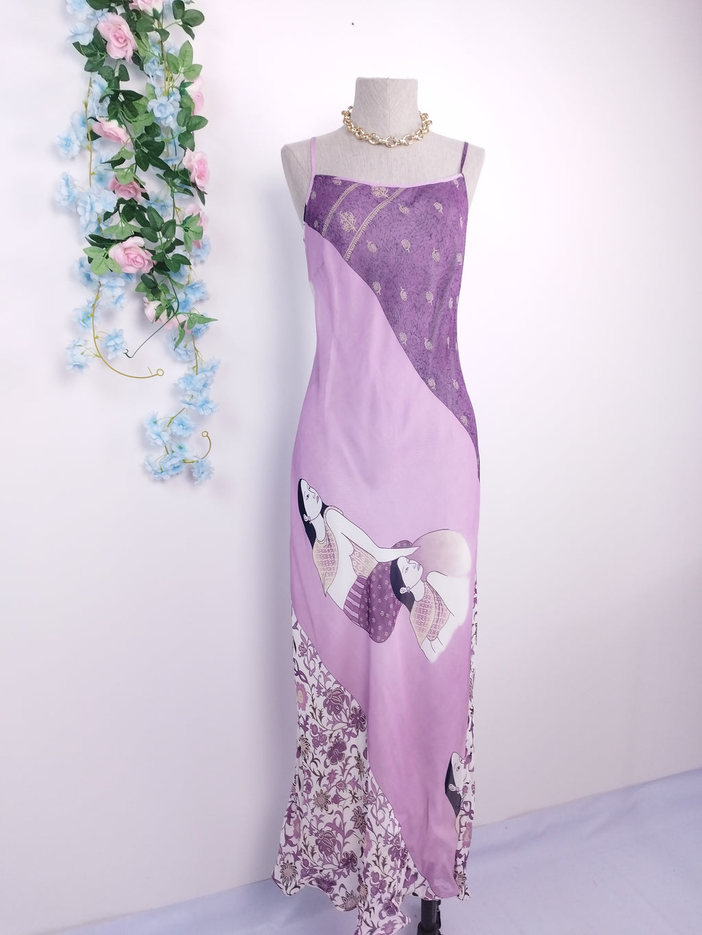 Vintage 90s Maxi Dress — Slip Style, Amazon Women Print & Lilac Purple