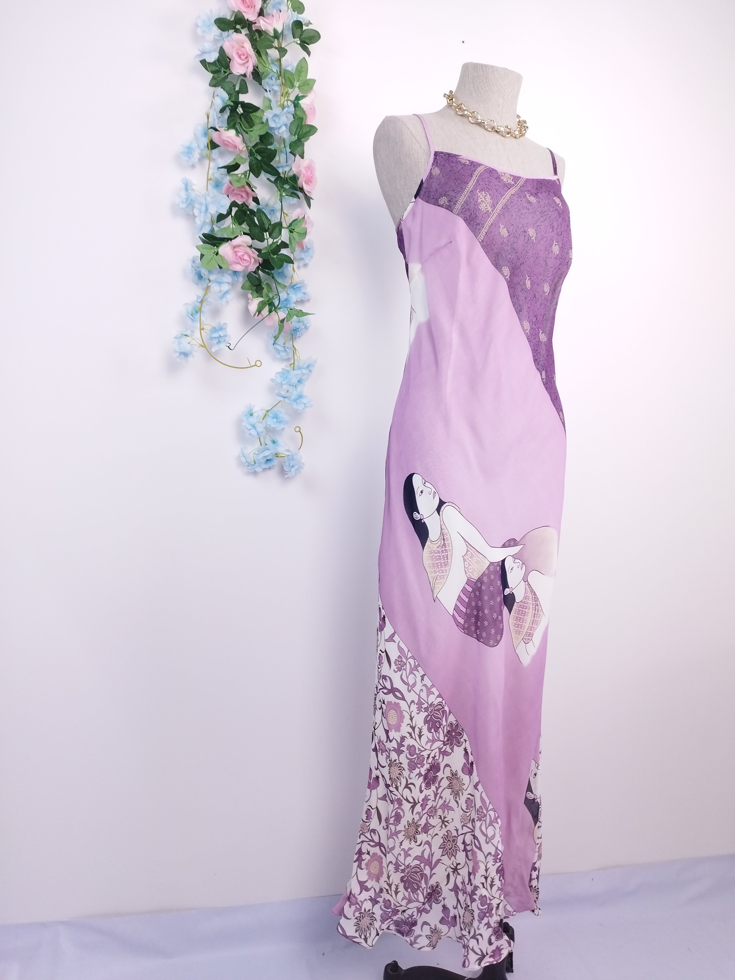 Vintage 90s Maxi Dress — Slip Style, Amazon Women Print & Lilac Purple
